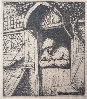 Adriaen van Ostade farmer leans against door cold needle etching around 1660