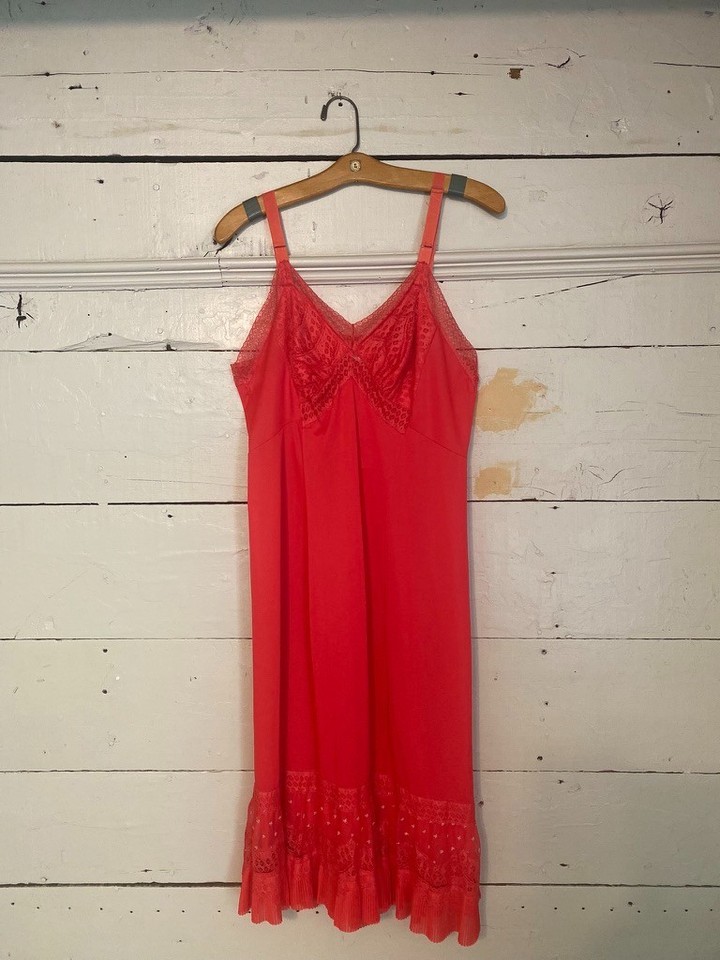 PANDORA vintage 50s/60's Red Nylon Slip Dress Sz Sm 36 Pin Up