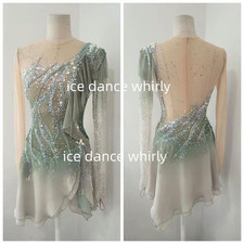 Figure Skating Costume Rhinestone Long Sleeve Competition Skating Dress for Girl