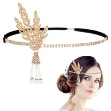 Flapper Headband,1920s Headband with Leaf Rhinestones Headpiece Pearl Tassel ...