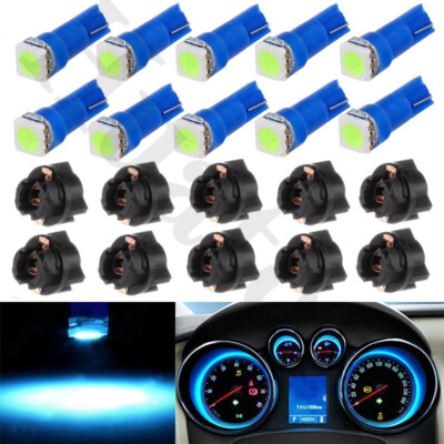10Pcs T5 PC74 Ice Blue LED Instrument Panel Dash Indicator Light Bulbs +Sockets