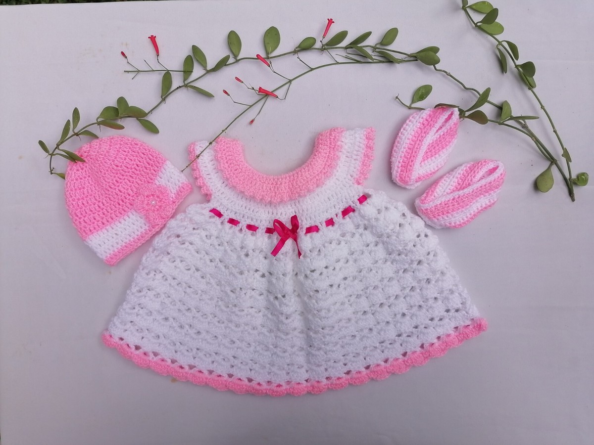 Handmade Crochet cute knit dress Newborn Baby set Girl 0-3 months White New  | eBay