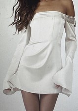 Pretty Little Thing Dress Champagne Satin Pleat Bardot Flared Sleeve Size 10