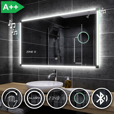 Ryga Badspiegel mit LED Beleuchtung Wandspiegel  BLUETOOTH, UHR, SCHALTER A03