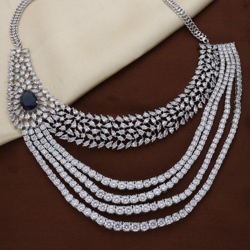 Luxus Cz Mehrlagig Halskette & Ohrring Set Mit Blauer Stein Braut Schmuck - Bild 6 von 11