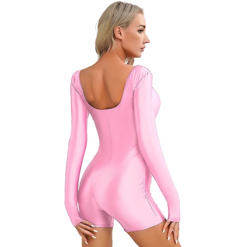 Womens Glossy Long Sleeve Bodysuit Stretchy Yoga Bodybuildings Short Jumpsuits - Afbeelding 27 van 79