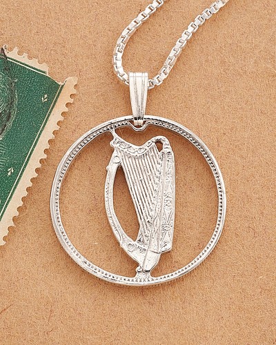 Silver Irish Harp Pendant , Irish Coin 