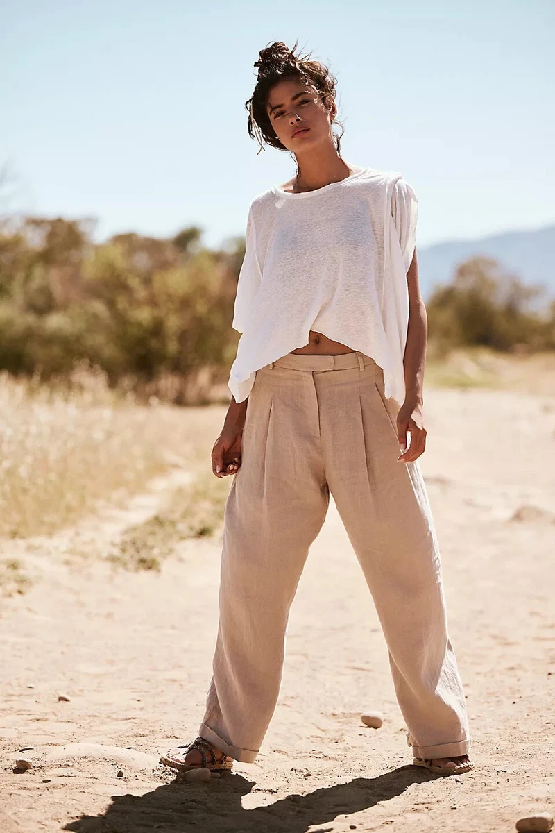 Free People Lyla Linen Trousers Pants Wide Legs Cuffed in Sand Sz 8