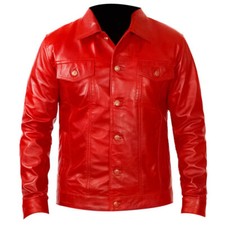 Men's Genuine Real Lambskin Leather Soft Slim Fit Red Biker Button up Shirt