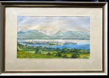 Watercolor Chiemsee M. Thoman Alps Bavaria Antique Frame Panorama Spring Island