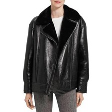 Theory Womens Leather Shearling Lined Warm Motorcycle Jacket Coat Bhfo 0000
