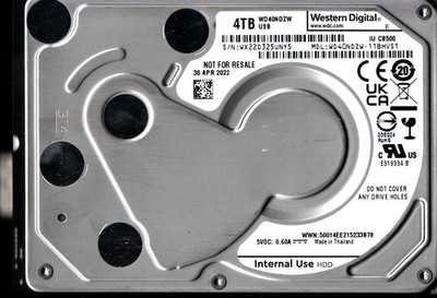 WD40NDZW-11BHVS1 S/N: WX22D WESTERN DIGITAL 4TB THAILAND APR 2022