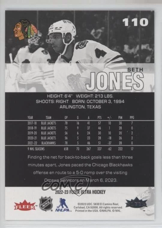 2022-23 Upper Deck Fleer Ultra Rainbow Foil Seth Jones #110 - Image 2 of 2