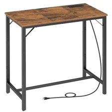  Bar Table with Charging Station, Rectangular Pub Table, Rustic Brown + Black