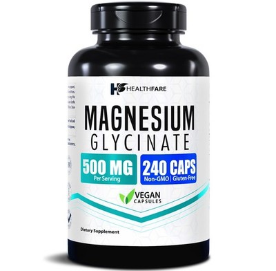 HealthFare Magnesium Glycinate 500mg 240 Capsules for Calm, Stress, Sleep