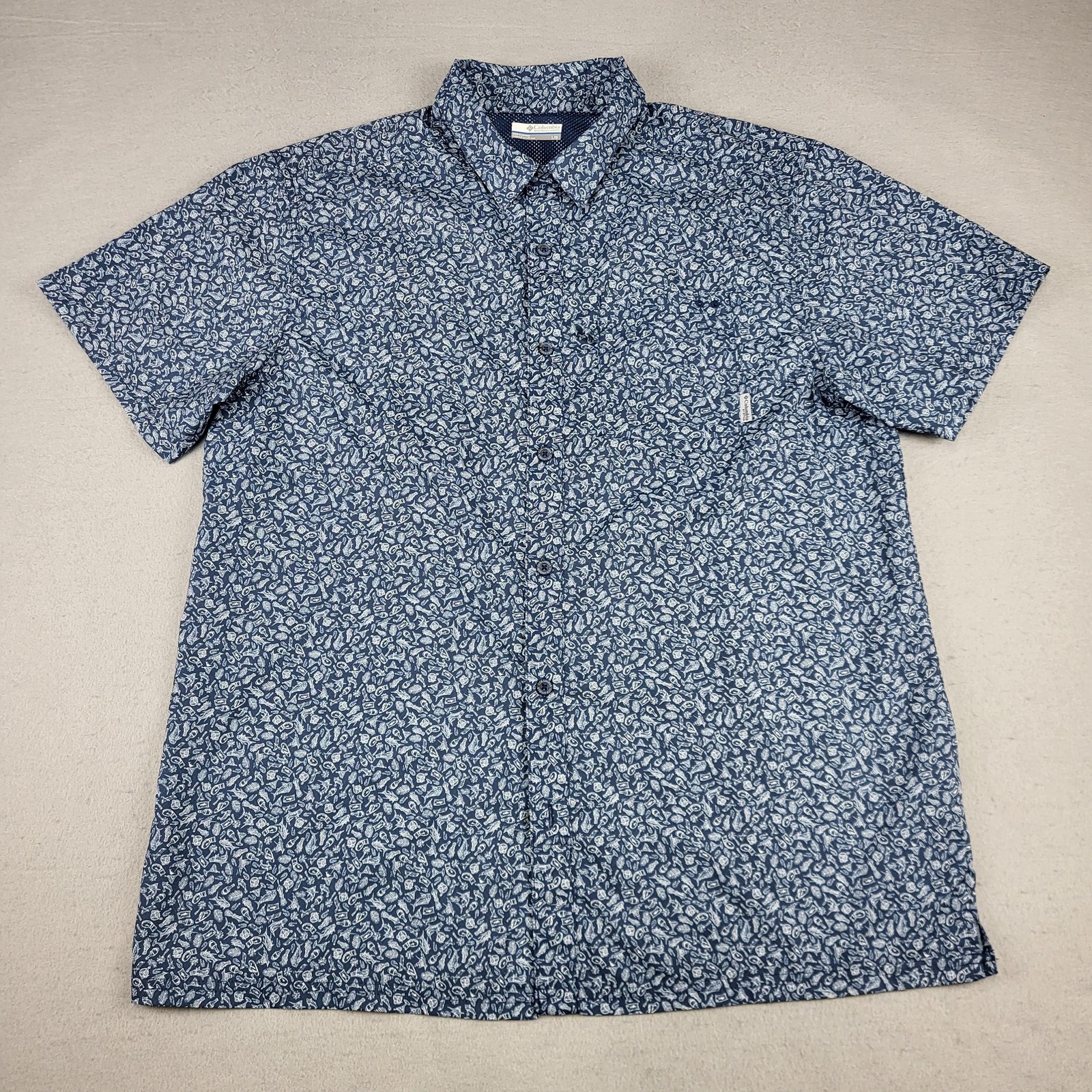 Columbia PFG Shirt Mens Large Blue Fishing Short Sleeve Button Down Tropical