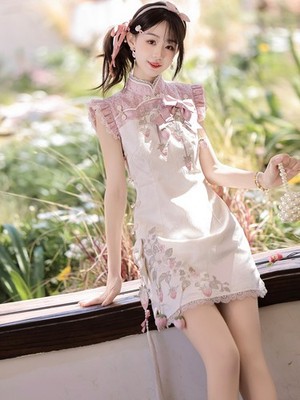 women's light pink chinese dress wedding dress, pink Qipao prom dress, wedding cheongsam Full pankou button closure Chunri Strawberry Improved Hanfu Women's
