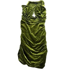 PrettyLittleThing Bodycon Dress Womens 16 Olive V Bar Velvet Ruched CMV1484