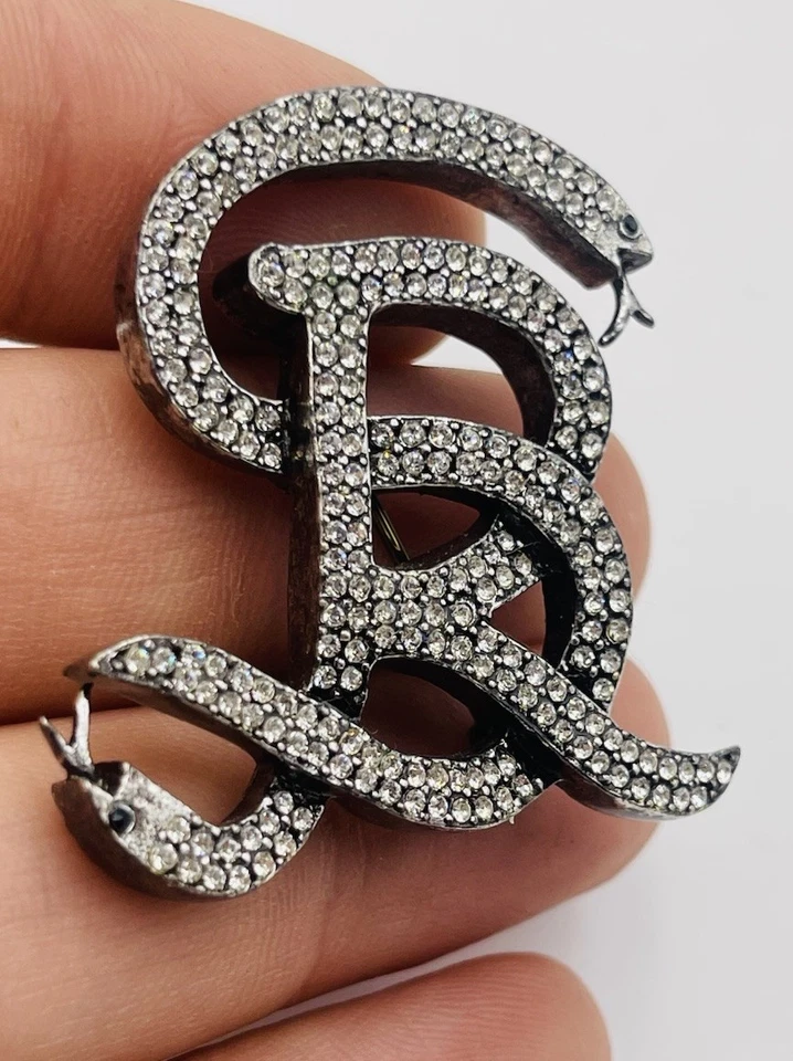 Sonia Rykiel Paris Rhodium Plated Crystal Rhinestone Snake Logo Crest Brooch Pin - Image 3 of 4