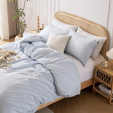 Light Blue 100 Washed Cotton Linen like Duvet Cover Set Full Size, 3 Pieces, 1