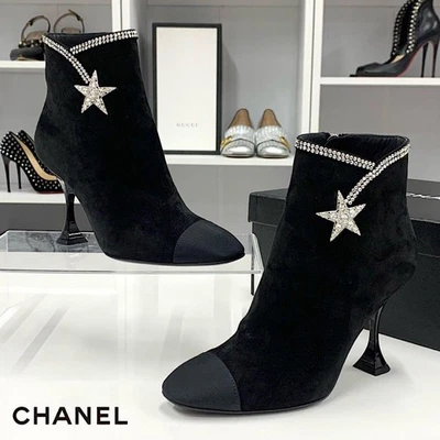 CHANEL Bottines À Talon Court En Daim Avec Strass Étoile, Femme, Taille 35 COCO - Photo 1/4