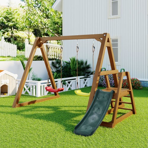 Columpio doble columpio infantil con 2 asientos de columpio escalador toboganes madera maciza - Imagen 10 de 18