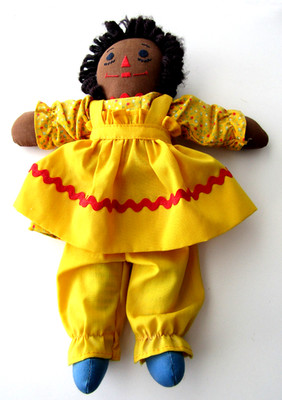 Vintage Handmade Cloth Rag Doll African American - Yellow Clothes -- 11 Inch
