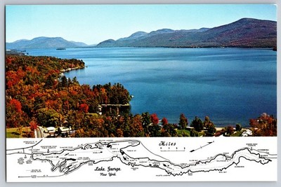 Lake George NY Aerial View Postcard Autumn Foliage Mountains Map Dean Color