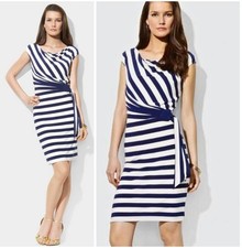 LRL Ralph Lauren Striped Dress Stretch Knit Cowl Neckline Faux Wrap Size 6