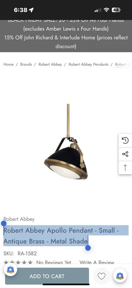 ARTÍCULO DE CAJA ABIERTA: Colgante Robert Abbey Apollo, pantalla metálica de latón antiguo Foto 2 de 4