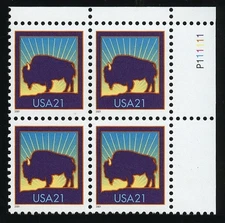 US #3467 21¢ Bison plate block PB, VF NH MNH some short perfs
