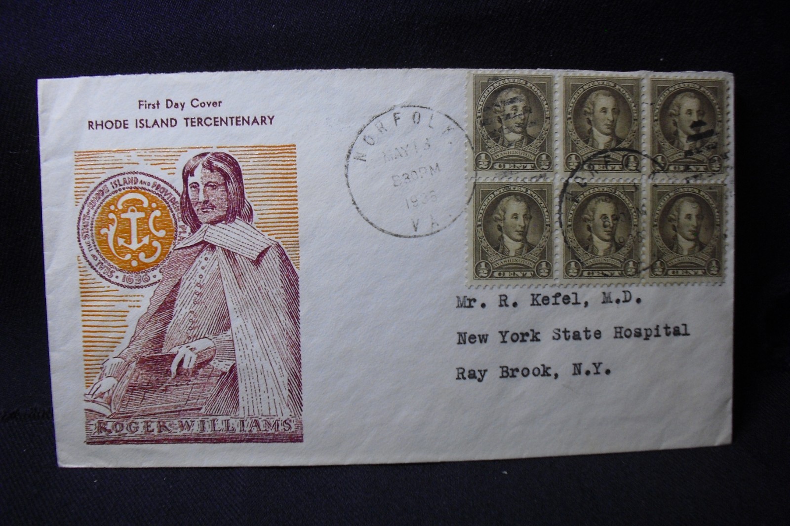 Sc # 704 (1/2 ct Washington Bloc of 6) on 1936 Cover Rhode island Tercentenary