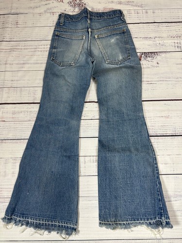 Vintage Girls Denim Bell Bottom Jeans Size 14 Blue Frayed Hem High Rise - Picture 6 of 13