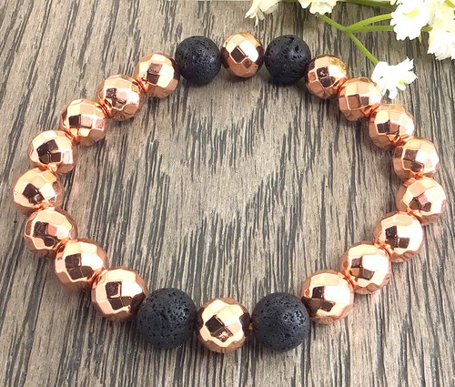 Rose gold hematite faceted and lava round beaded bracelet healing gemstone - Picture 3 of 7