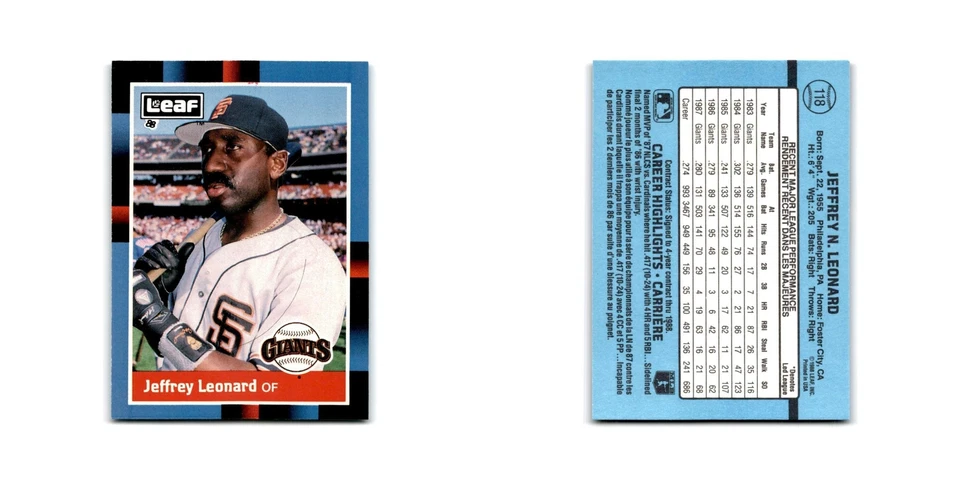 Jeffrey Leonard 1988 Leaf #118 San Francisco Giants Baseball Card NM - Image 3 of 3