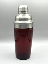 Vtg MCM Cocktail Bar Shaker - Cranberry Glass W/ Stainless Steel Lid Strainer