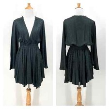 LOVESHACKFANCY Dress Womens 2 Dark Teal Blue Bell Sleeve Deep V-neck Silk Damask