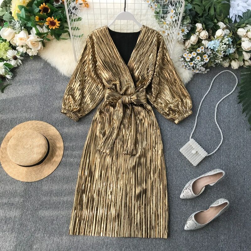 Vintage Pleated Midi Dress W/ Cloth Belt - Formal / Office / Ball Wear For Women Vintage Pleated Midi Dress W/ Cloth Belt - Formal / Office / Ball Wear For Women