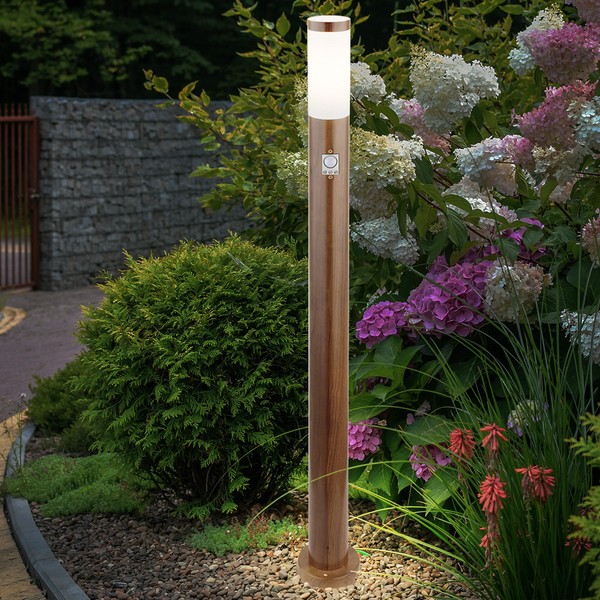 Stehleuchte AußEnlampe Standleuchte Edelstahl Holzoptik Bewegungsmelder Opal E27-image