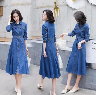 Women's Korean Denim Drees Slim Fit Long Sleeve Casual Fashion Long Skirt 2XL