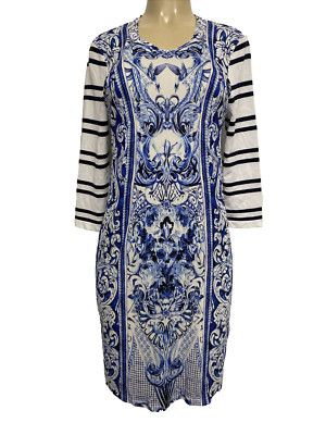 Roberto Cavalli Dress Blue Bird Floral 3/4 Sleeve Crew Neck Sheath Knee 48 12