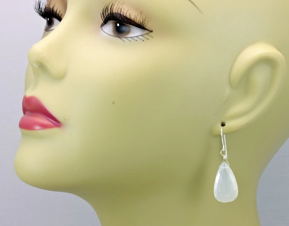 Pendientes de piedra lunar blanca facetados grandes lágrimas gota de oro amarillo de 14 k de ley Foto 3 de 4