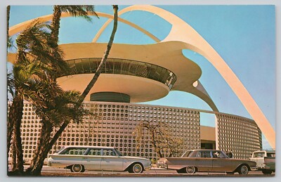 1960s LA International Airport Theme Building & Old Cars Los Angeles CA Postcard