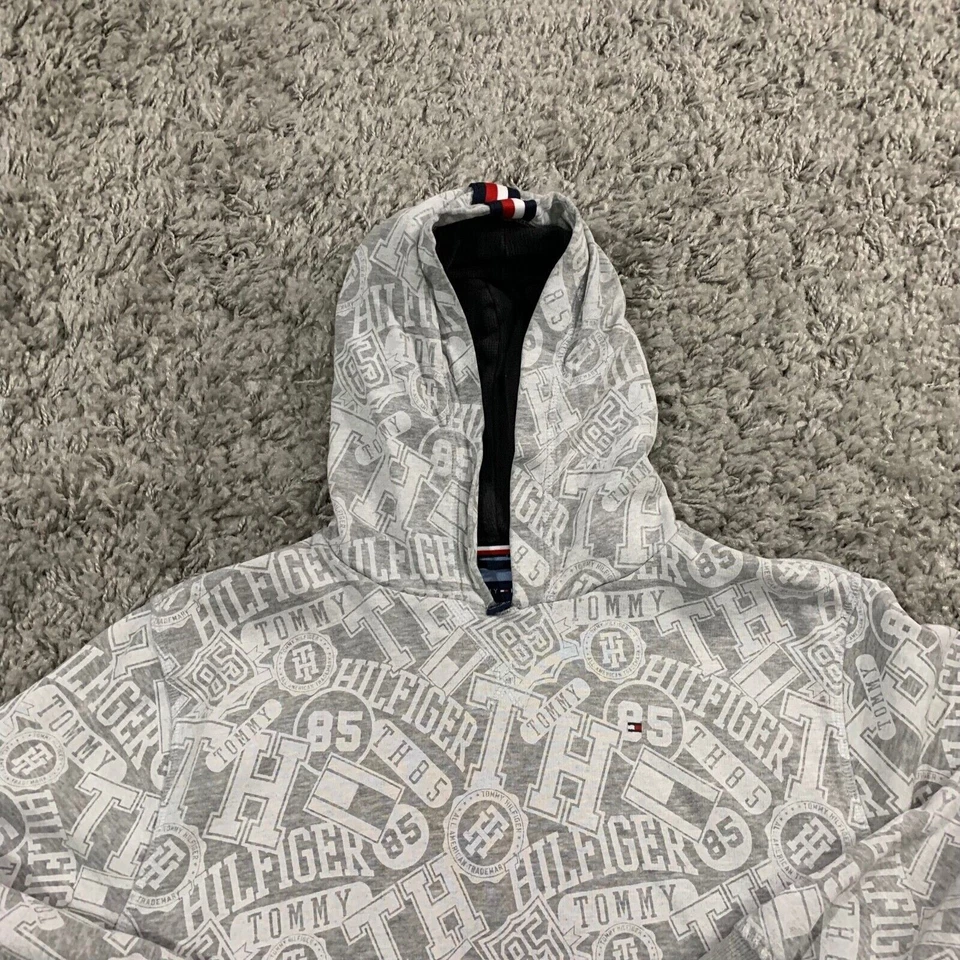 Tommy Hilfiger Sweater Youth Medium 12/14 Gray Logo Spelled Out All Over Hoodie - Image 2 of 4