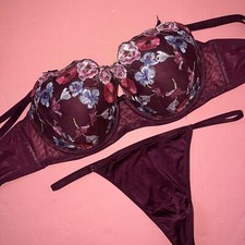 Victoria's Secret 32DD,32DDD BRA SET L thong KIR BLUE Pink FLORAL embroidered