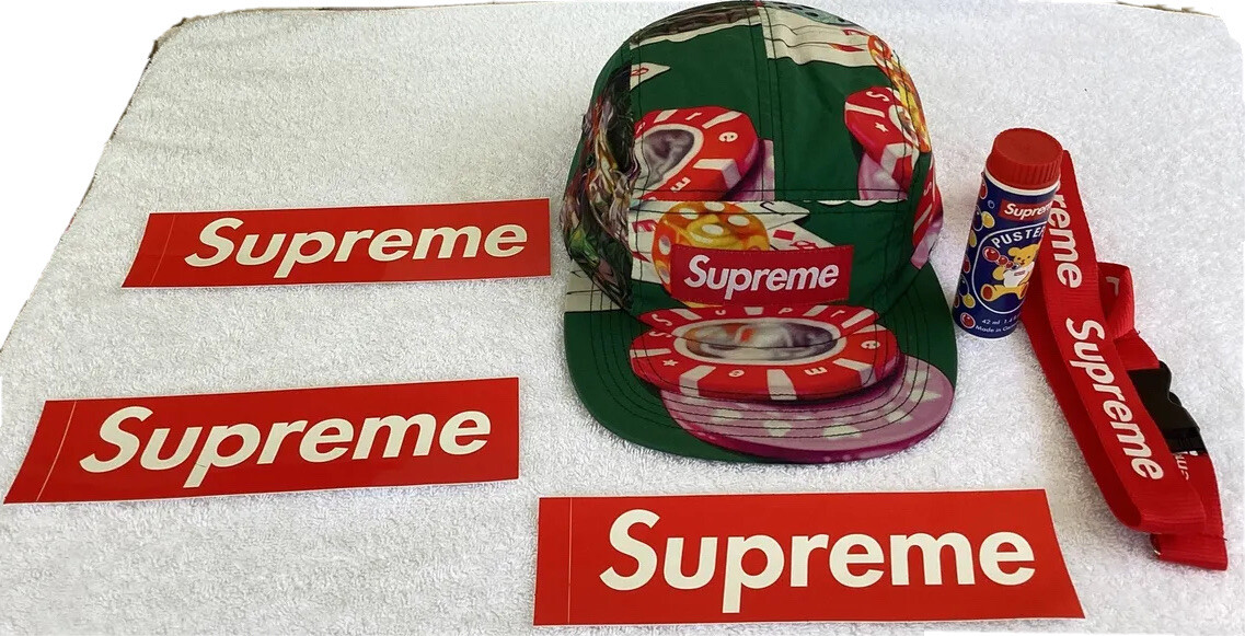 Supreme Casino Camp Hat Green Tags Bubbles Lanyards Stickers