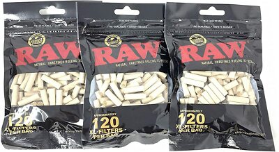 RAW Black Natural Unrefined XL-Rollfilter 6mm 22mm 120Tips/Bag - 3er Pack