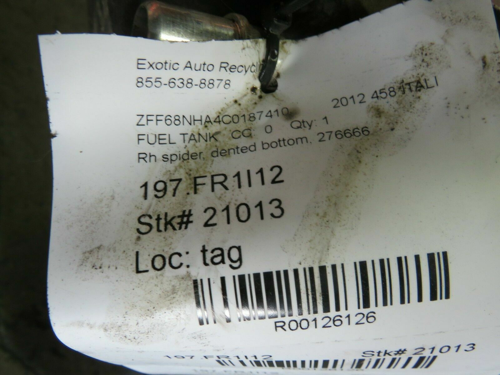 Ferrari 458 Italia Spider, RH, Right, Fuel Tank, Used, Dented, P/N 276666