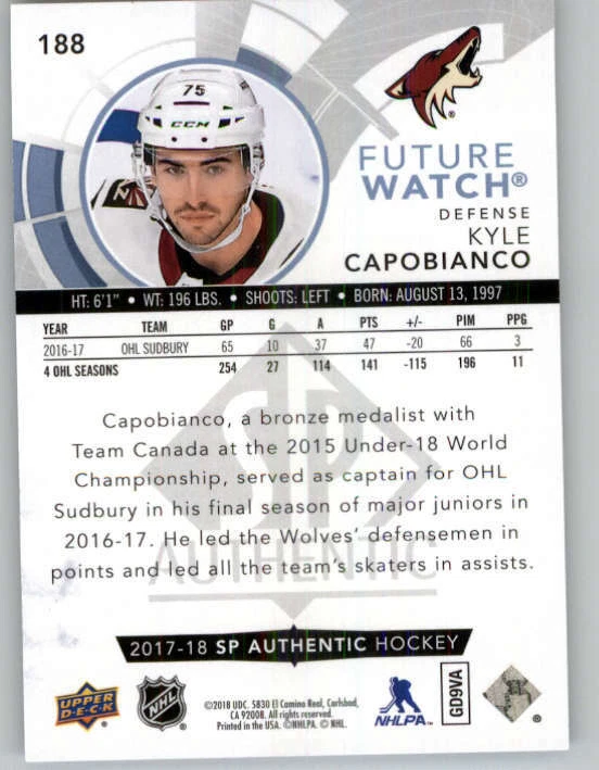 2017-18 SP Authentic #188 Kyle Capobianco FW RC 999 (ref 148185) - Image 2 of 2