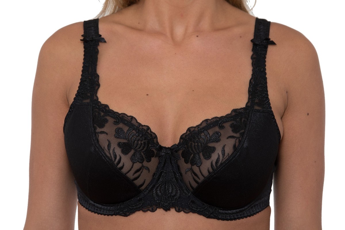 ●ONE BRILLIANT● TraceyOB447Black Brown Tracey-OB447-Black Black Large Bosom Satin Lace Underwired Firm Control Bras